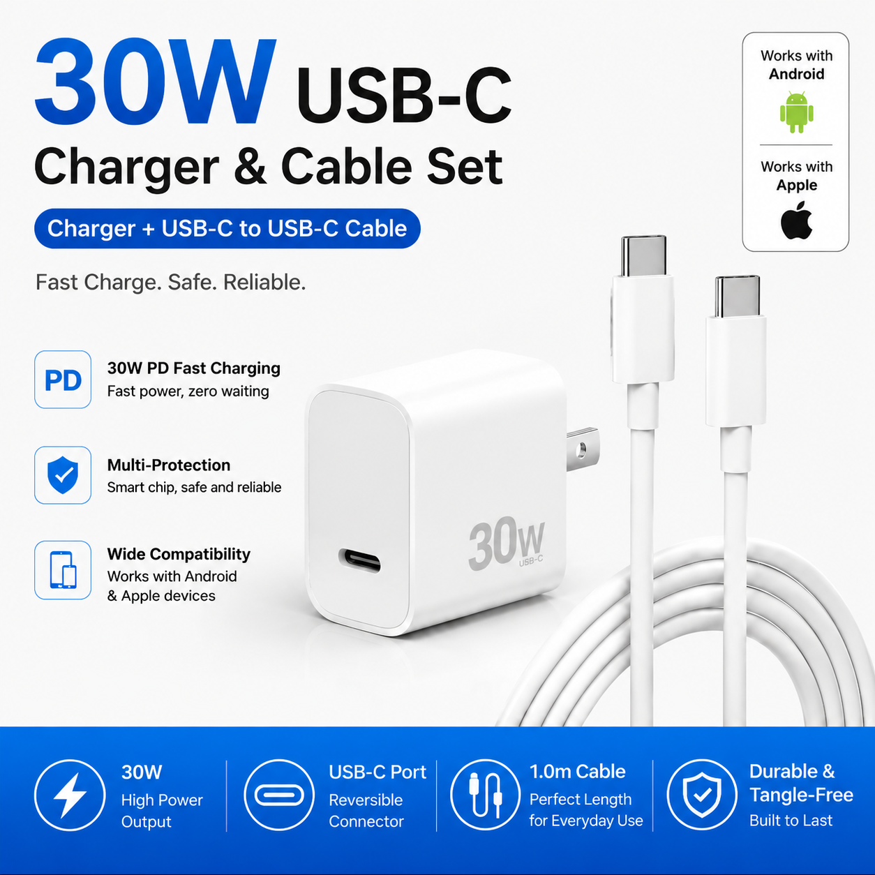 USB-C Fast Charger Set with USB-C to USB-C Cable | PD Fast Charging Adapter for iPhone & Android | Universal Type-C Charging Kit