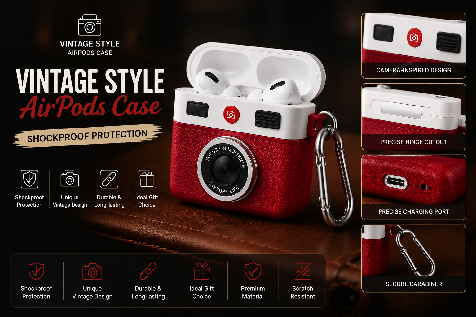 Vintage Camera Earbuds Case / Retro Leather Design / Multi-Color / Shockproof Cover with Carabiner / High Quality