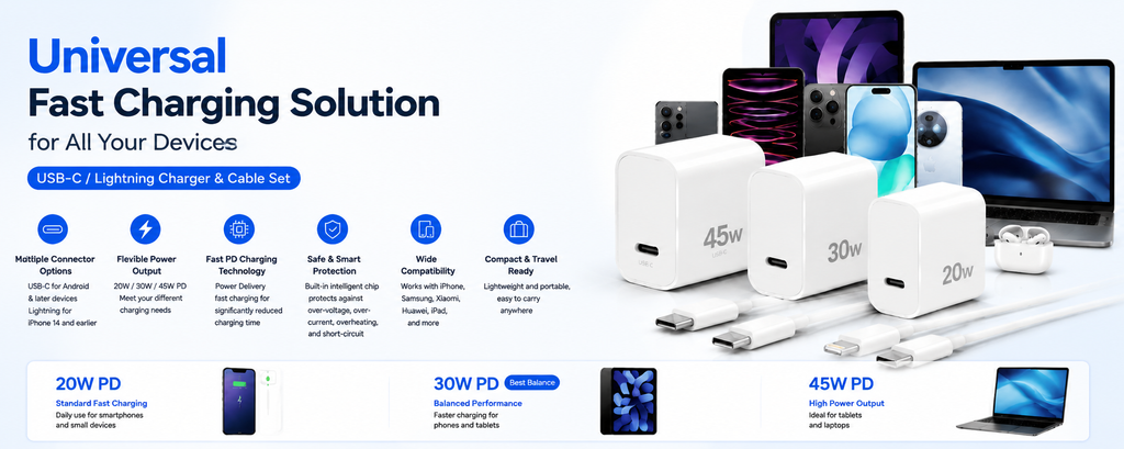 USB-C Fast Charger Set with USB-C to USB-C Cable | PD Fast Charging Adapter for iPhone & Android | Universal Type-C Charging Kit