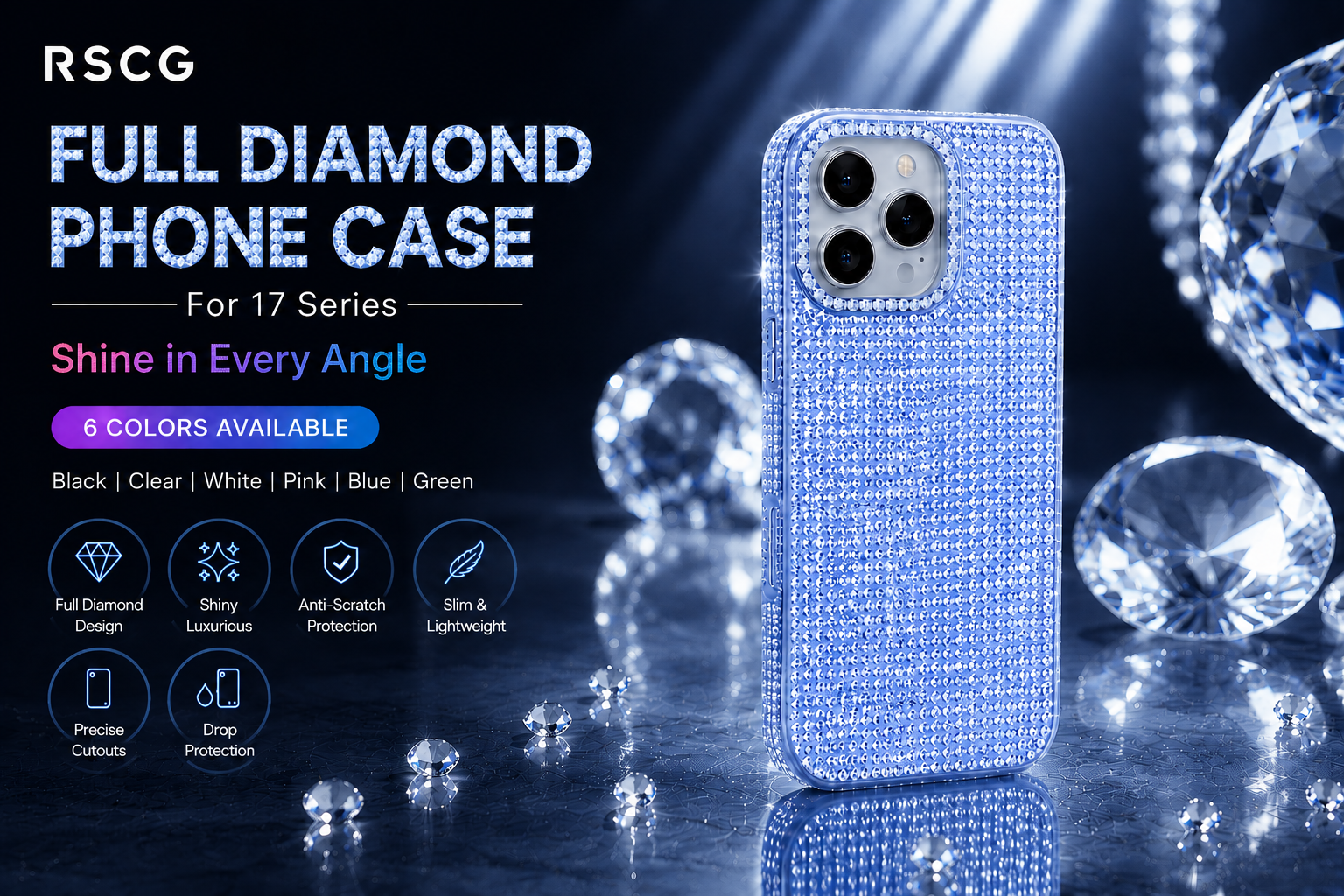 RSCG Luxury Full Diamond Phone Case for 16 Series – Sparkly Rhinestone Shockproof Cover