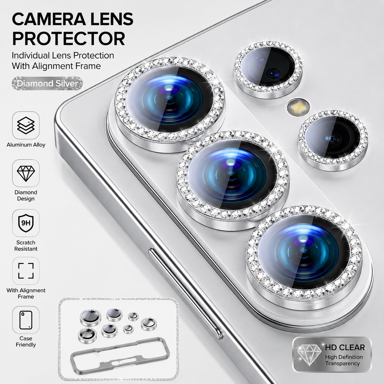Luxury Alloy Camera Lens Protector Set – HD Clear Individual Lens Covers with Alignment Frame, Scratch Resistant & Case Friendly