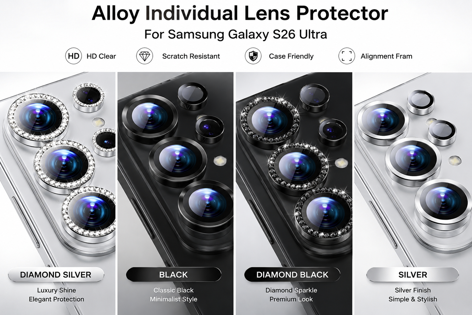 Luxury Alloy Camera Lens Protector Set – HD Clear Individual Lens Covers with Alignment Frame, Scratch Resistant & Case Friendly