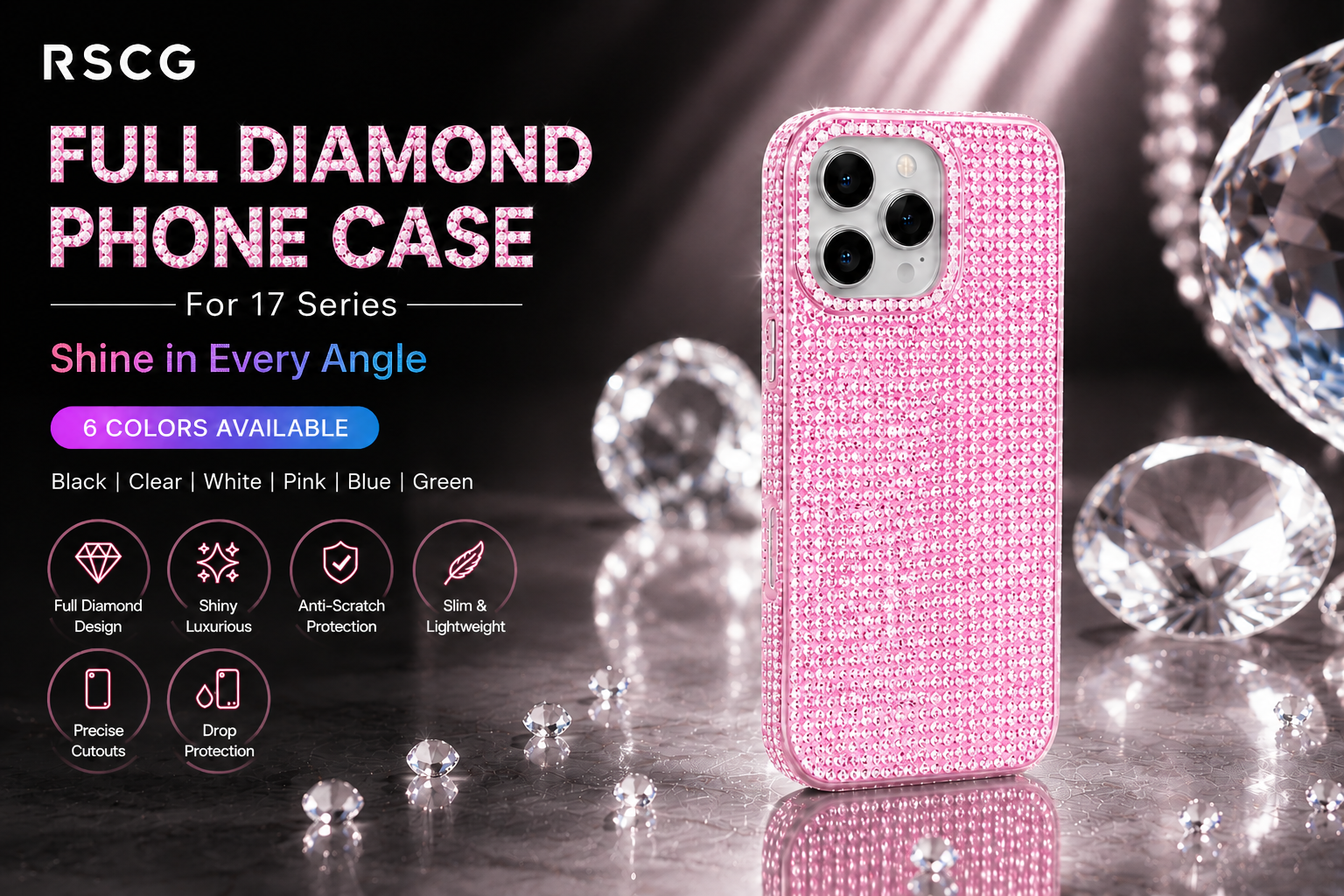 RSCG Luxury Full Diamond Phone Case for 16 Series – Sparkly Rhinestone Shockproof Cover
