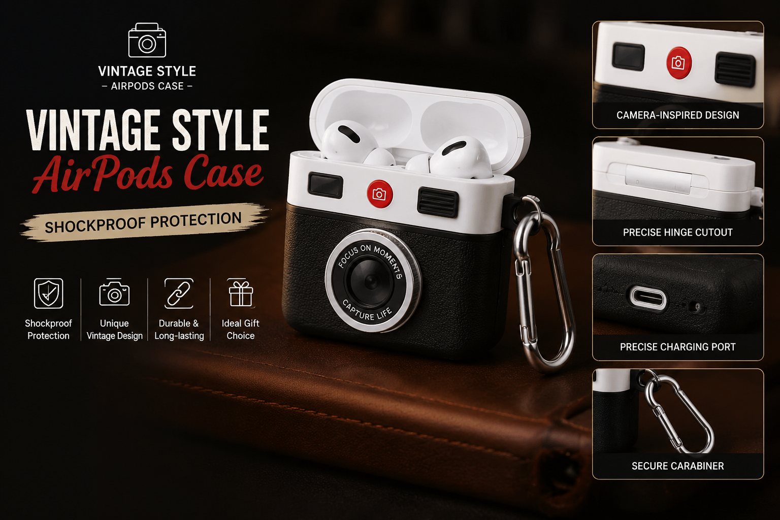 Vintage Camera Earbuds Case / Retro Leather Design / Multi-Color / Shockproof Cover with Carabiner / High Quality