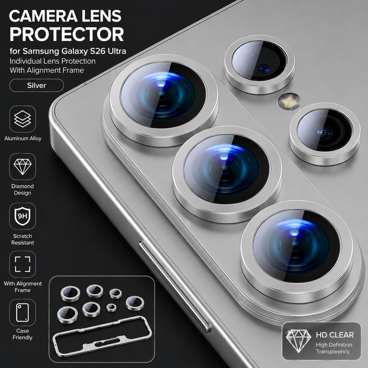 Luxury Alloy Camera Lens Protector Set – HD Clear Individual Lens Covers with Alignment Frame, Scratch Resistant & Case Friendly