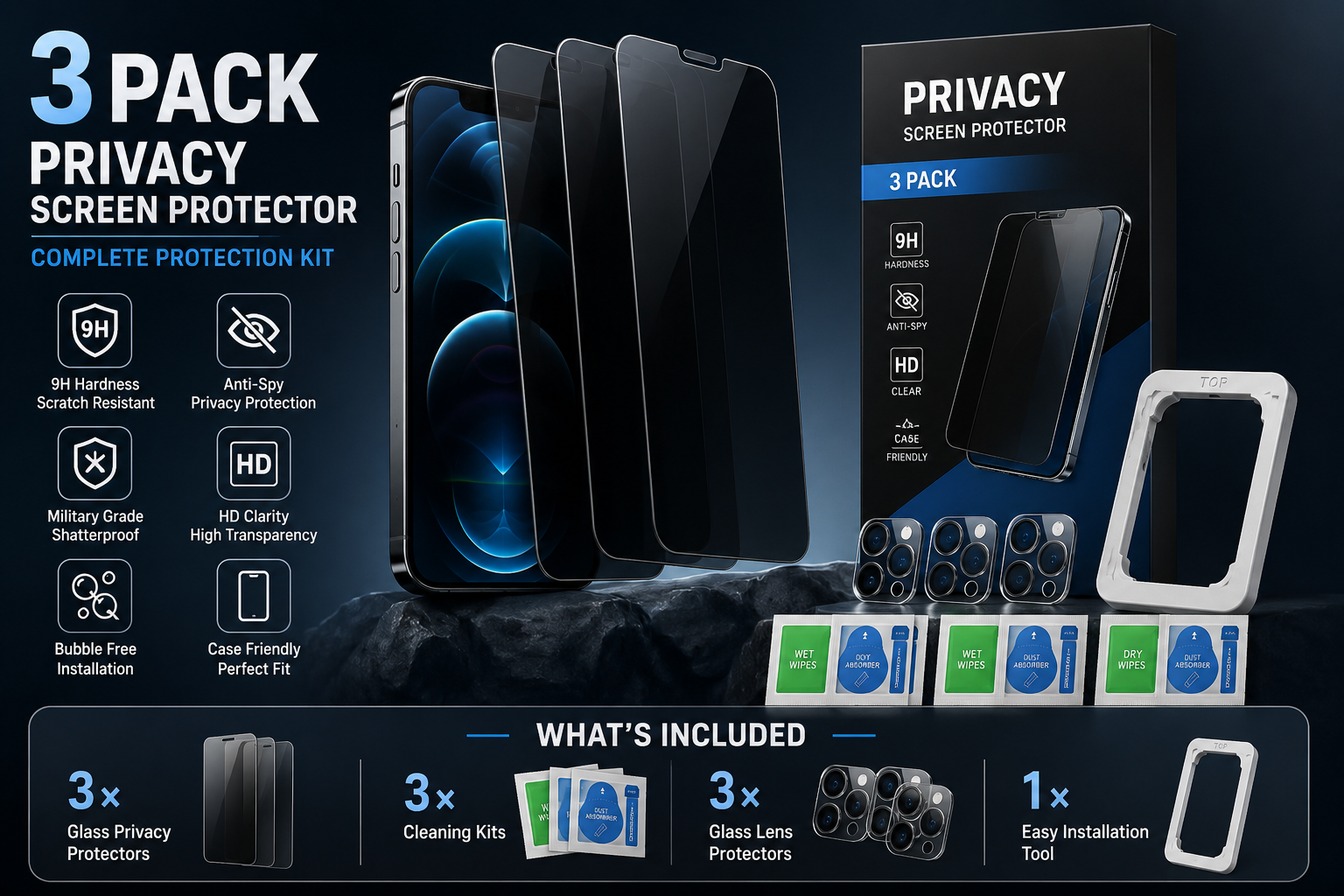 3 Pack Tempered Glass Screen Protectors Compatible with 17 Series Smartphones, 9H Hardness HD Clear, Bubble-Free Easy Installation Kit Included, with 3 Camera Lens Protectors