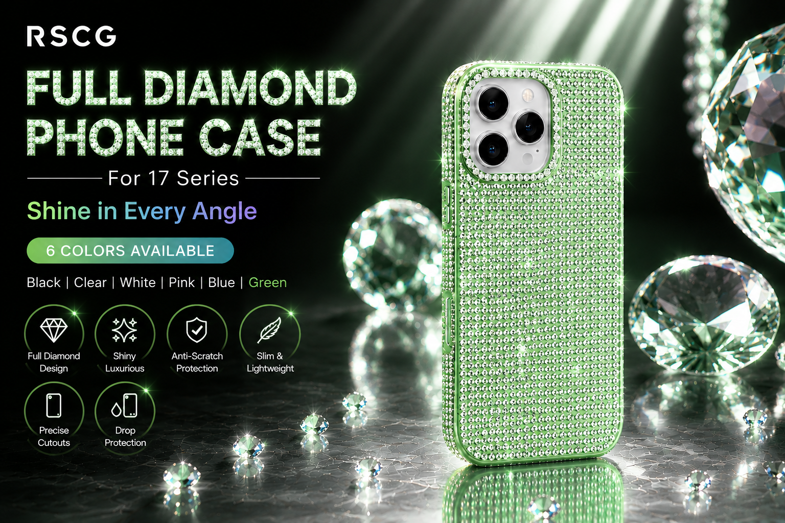 RSCG Luxury Full Diamond Phone Case for 16 Series – Sparkly Rhinestone Shockproof Cover