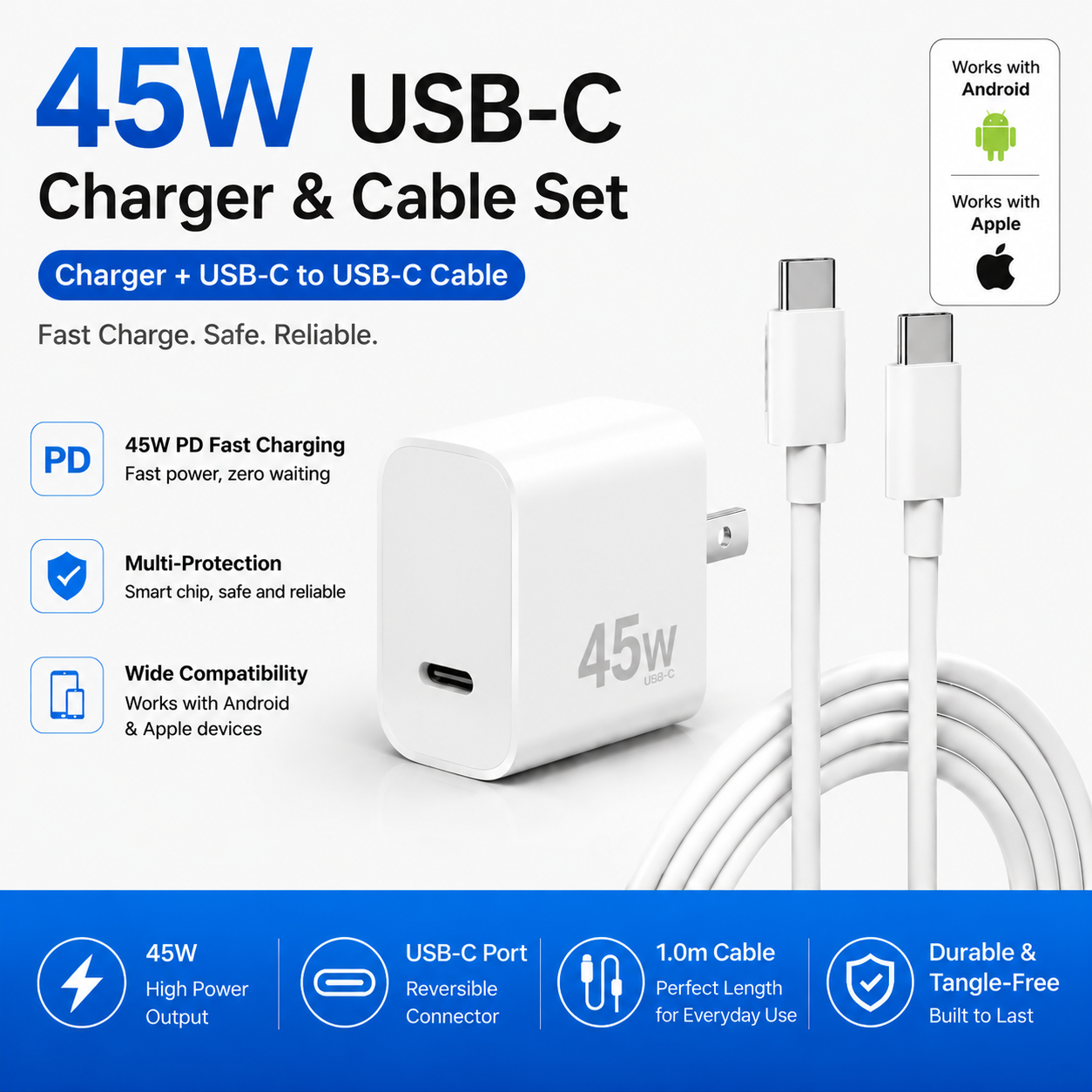 USB-C Fast Charger Set with USB-C to USB-C Cable | PD Fast Charging Adapter for iPhone & Android | Universal Type-C Charging Kit