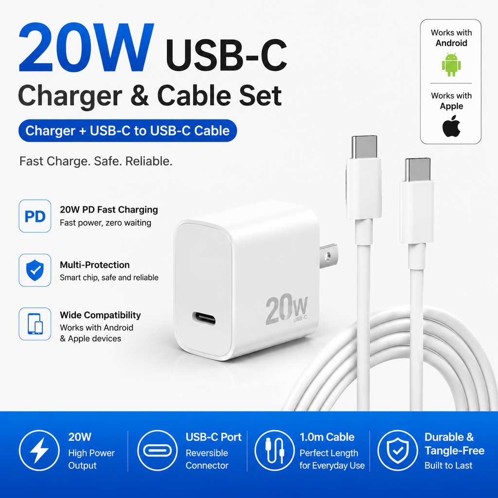 USB-C Fast Charger Set with USB-C to USB-C Cable | PD Fast Charging Adapter for iPhone & Android | Universal Type-C Charging Kit