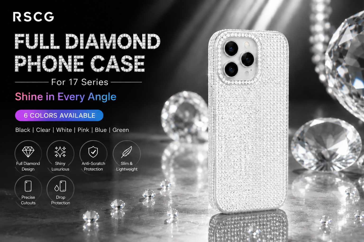 RSCG Luxury Full Diamond Phone Case for 16 Series – Sparkly Rhinestone Shockproof Cover