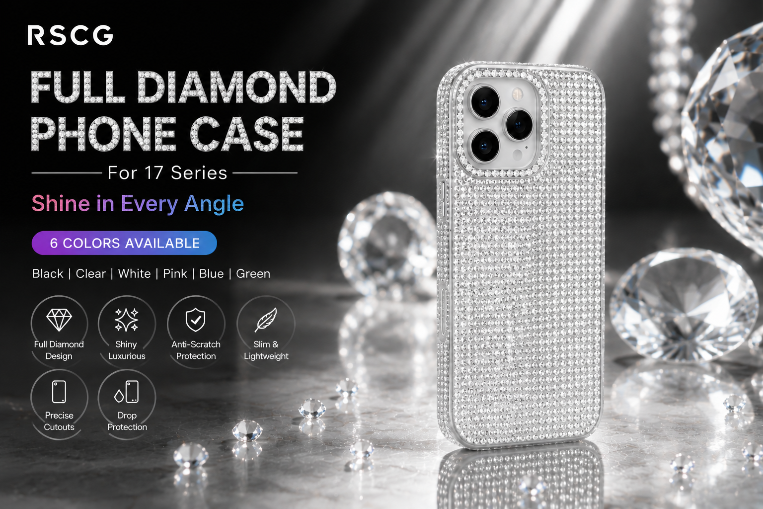 RSCG Luxury Full Diamond Phone Case for 16 Series – Sparkly Rhinestone Shockproof Cover
