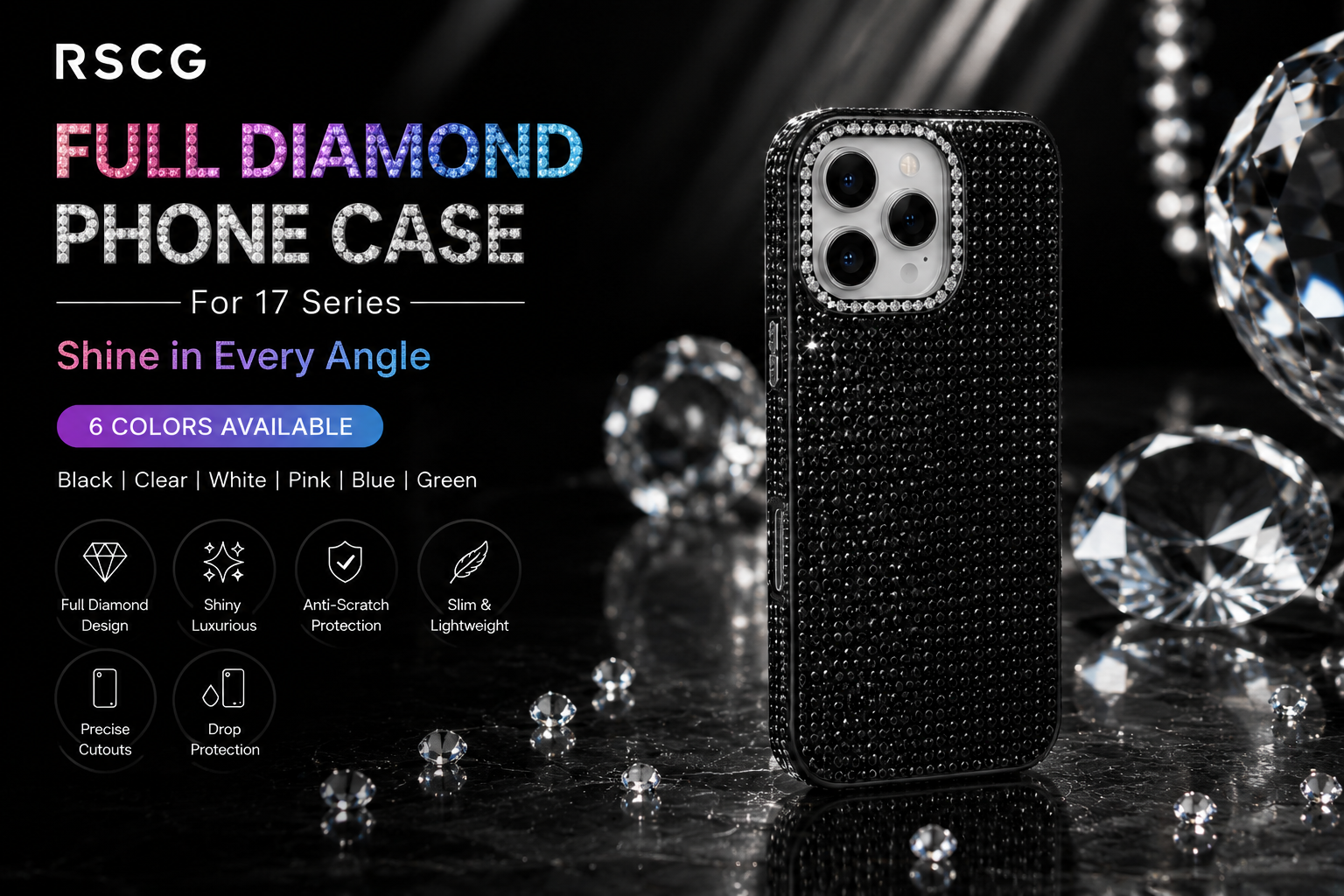 RSCG Luxury Full Diamond Phone Case for 16 Series – Sparkly Rhinestone Shockproof Cover