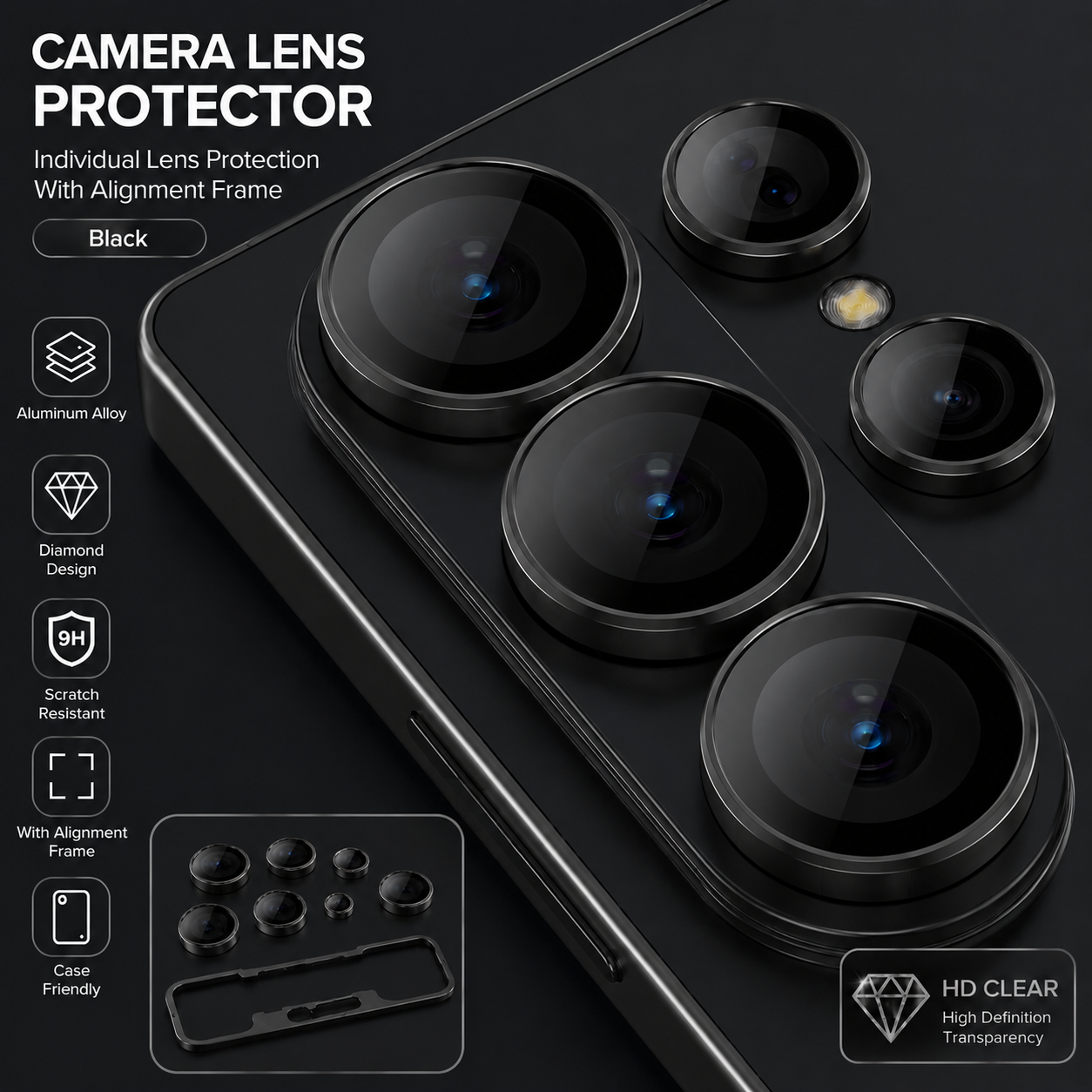 Luxury Alloy Camera Lens Protector Set – HD Clear Individual Lens Covers with Alignment Frame, Scratch Resistant & Case Friendly