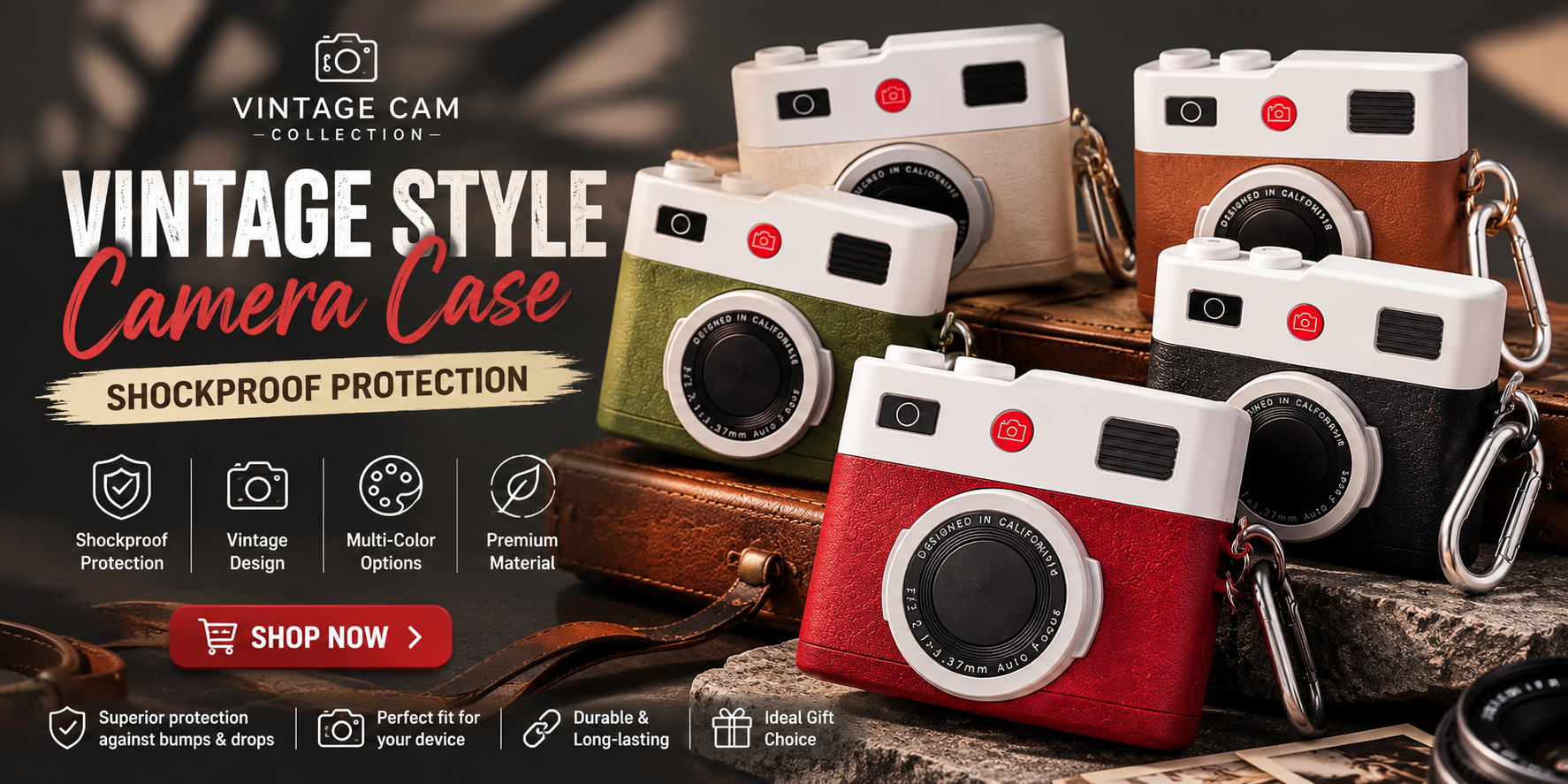Vintage Camera Earbuds Case / Retro Leather Design / Multi-Color / Shockproof Cover with Carabiner / High Quality