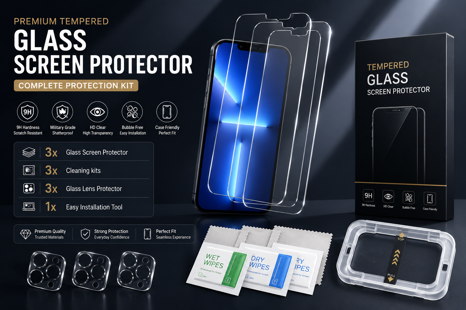 3 Pack Tempered Glass Screen Protectors Compatible with 17 Series Smartphones, 9H Hardness HD Clear, Bubble-Free Easy Installation Kit Included, with 3 Camera Lens Protectors