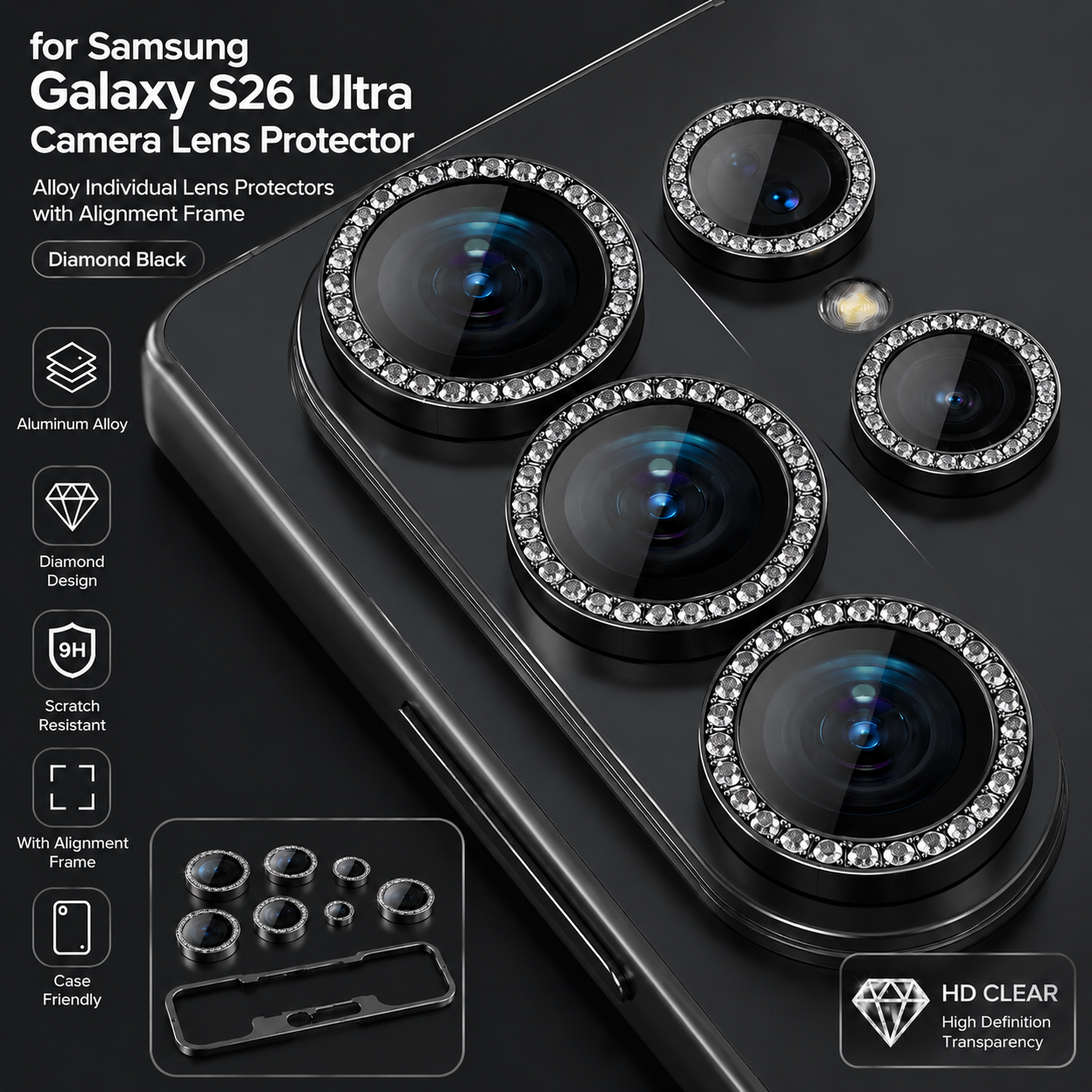 Luxury Alloy Camera Lens Protector Set – HD Clear Individual Lens Covers with Alignment Frame, Scratch Resistant & Case Friendly