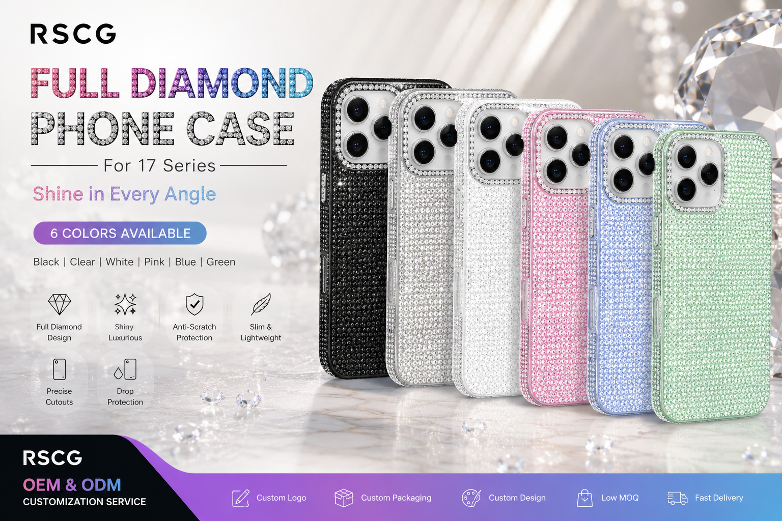 RSCG Luxury Full Diamond Phone Case for 16 Series – Sparkly Rhinestone Shockproof Cover